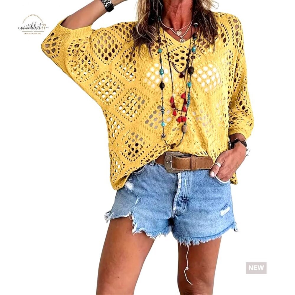 Crochet Long Sleeve V-Neck Cover Up Sweater Pullover Loose Fit
